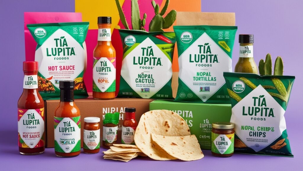 A vibrant assortment of Tía Lupita Foods products including hot sauces, nopal cactus tortillas, and chips.