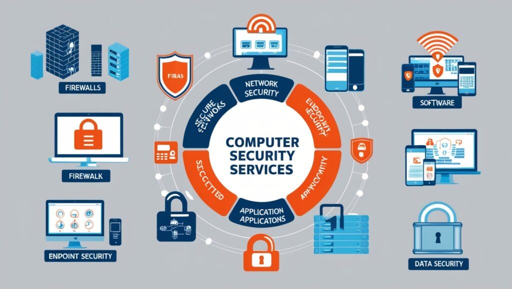 Representation of various computer security services protecting digital data.