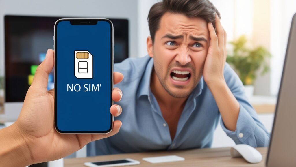 A smartphone displaying a "No SIM available" error message with a frustrated user holding the device.