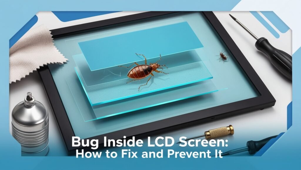 An image showing a close-up of an LCD screen with a tiny bug inside, highlighting the steps to remove and prevent such issues.