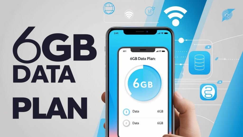 A mobile phone displaying data usage with a 6GB of data plan icon.