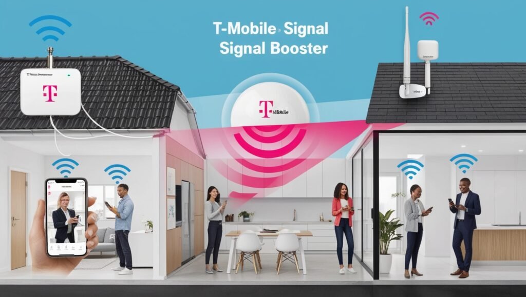 An illustration of a T-Mobile signal booster enhancing mobile coverage in a home or office setting.